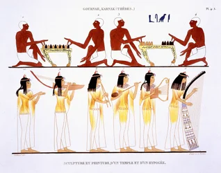 Hombres Jugando y Mujeres Tocando Instrumentos, de un Registro Raro de Frescos de Tebas, registrado 1819-1822 en su segunda visita a Egipto por Frederic Cailliaud (1787-1869)